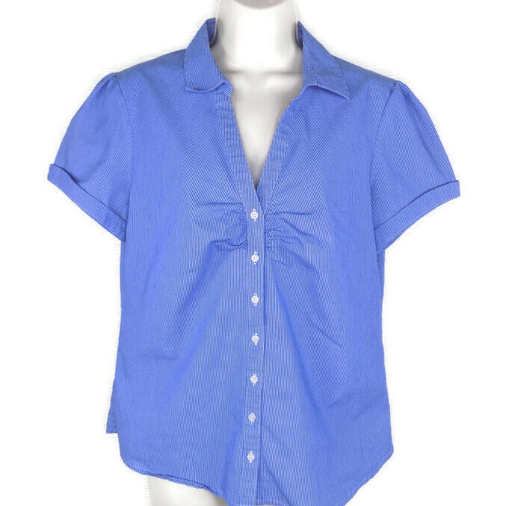 H&M Women Blue Short Sleeve Button Down Striped Sh